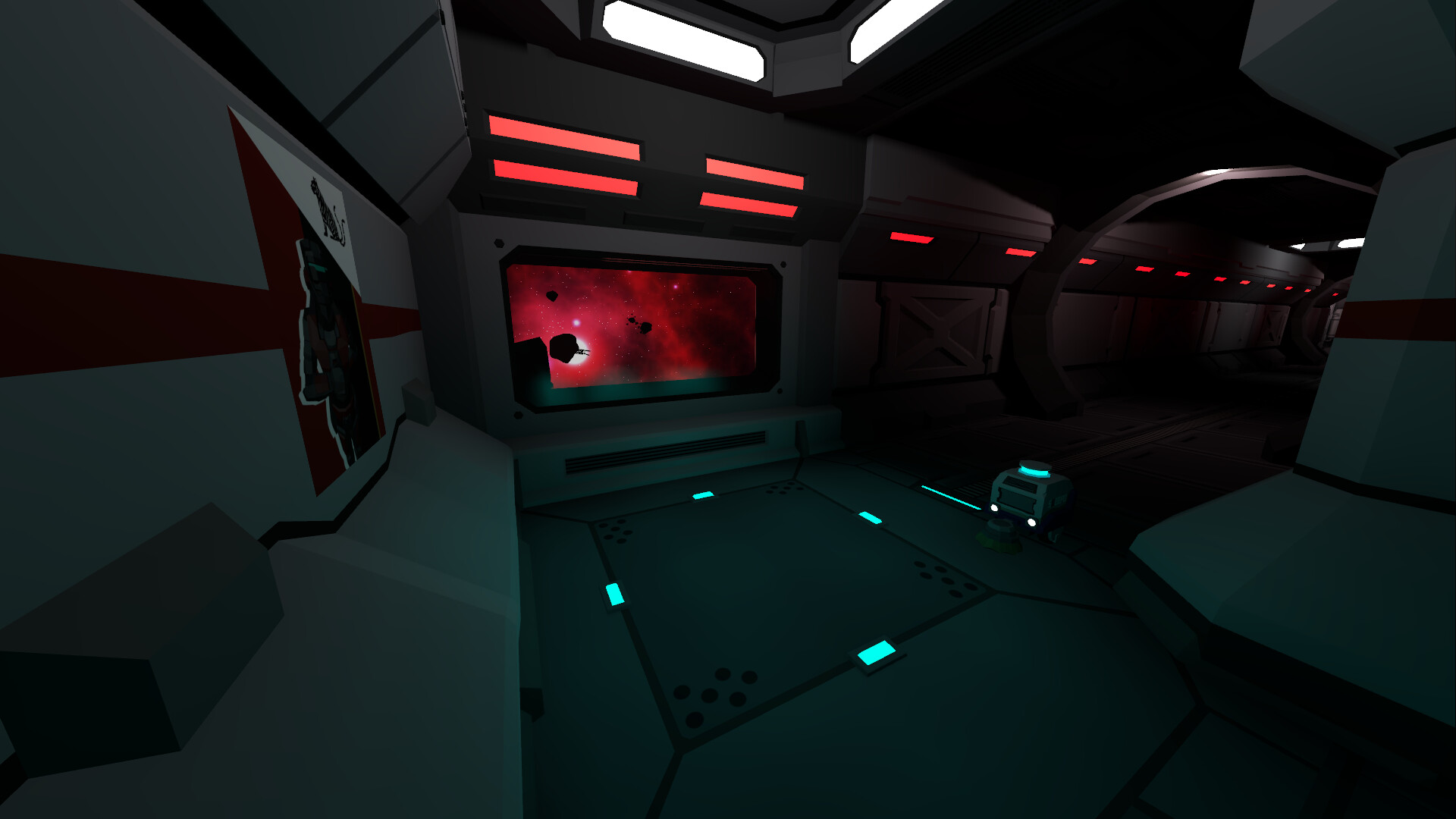 Low-poly sci-fi hallway looking out a large rectangular window into deep space filled with a glowing red nebula and floating asteroids; a propaganda poster hangs on the left wall and a small boxy service robot sits on the floor nearby.